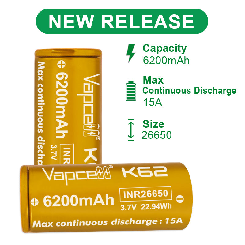 Vapcell 26650 6200mAh 15A K62 Rechargeable Flat Top Battery