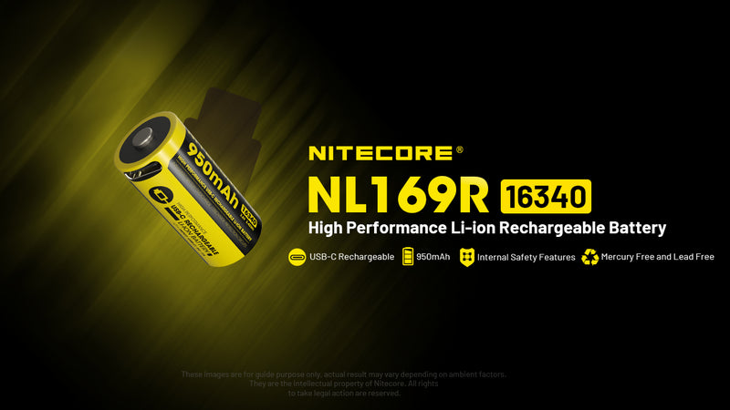 Nitecore NL169R 950mAh Rechargeable RCR123 16340 Battery with USB-C Charging Port