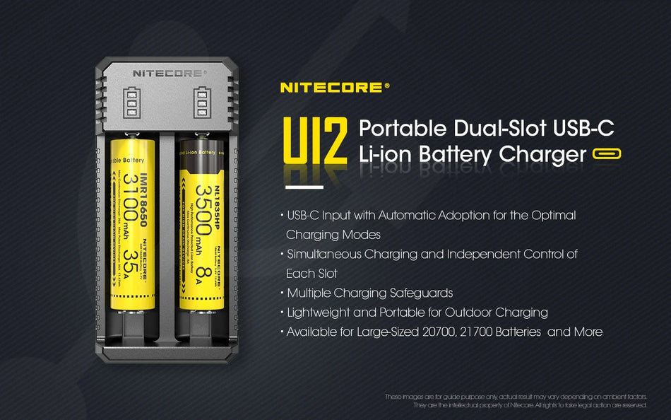Nitecore UI2 Dual-Slot USB-C Battery Charger, for 18650, 21700, 18350, 20700 Batteries