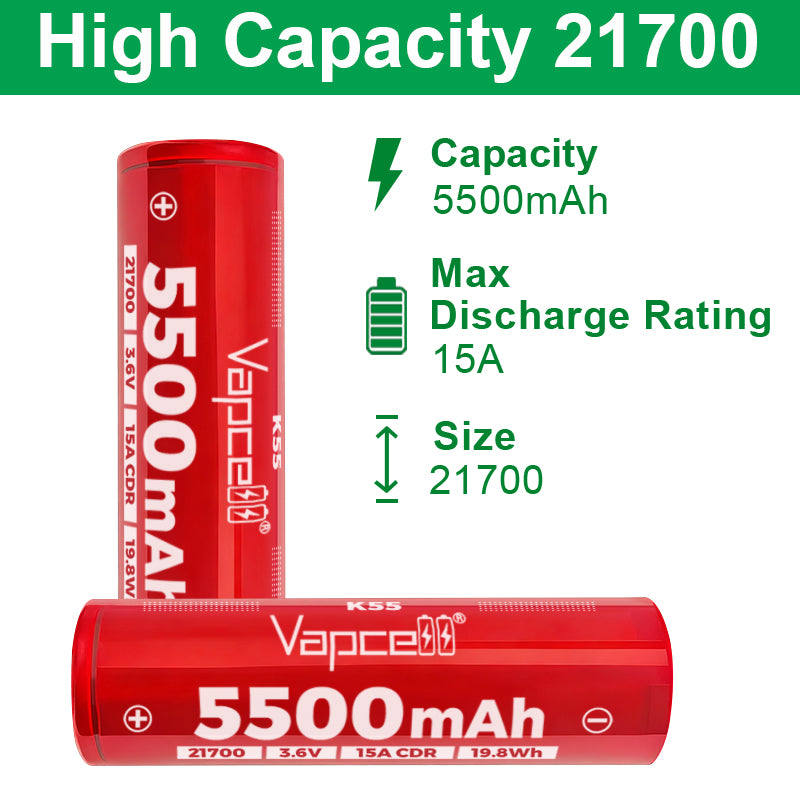 Vapcell K55 21700 15A 5500mAh Li-ion Battery (Flat Top)
