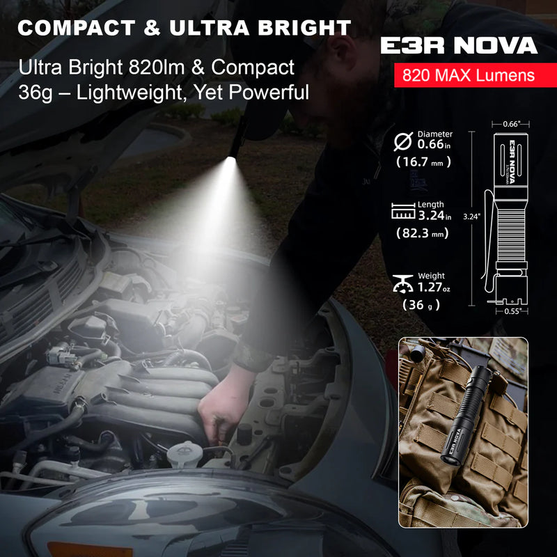 Powertac E3R Nova- EDC Rechargeable Flashlight 820 Lumens