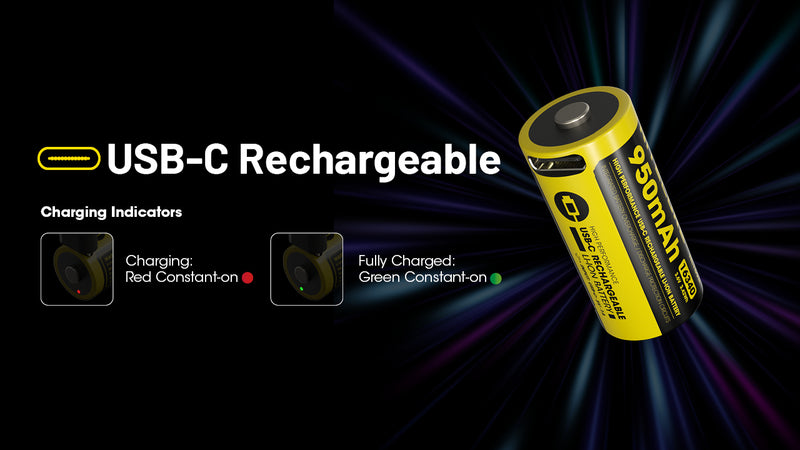 Nitecore NL169R 950mAh Rechargeable RCR123 16340 Battery with USB-C Charging Port