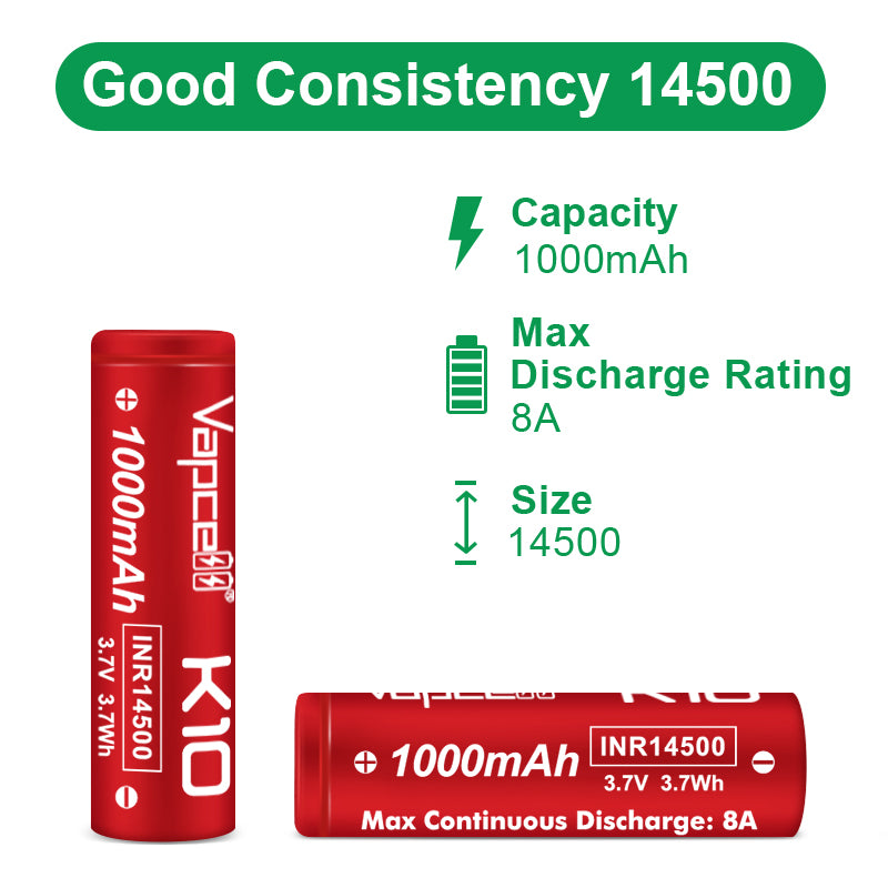 Vapcell K10 14500 1000mAh 8A High-Drain Rechargeabl Li-ion Battery (Flat Top)