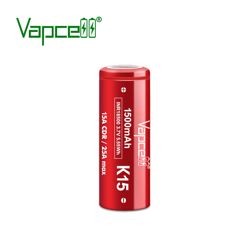 Vapcell K15 18500 1500mAh 15A / 25A High-Drain Li-ion Battery (Flat Top)