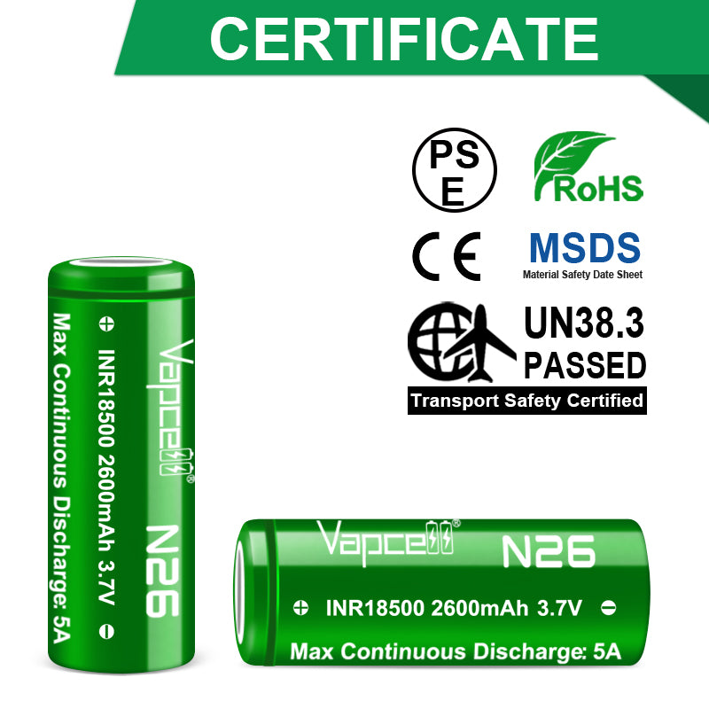 Vapcell N26 18500 2600mAh 5A Rechargeable Li-ion Flat Top Battery