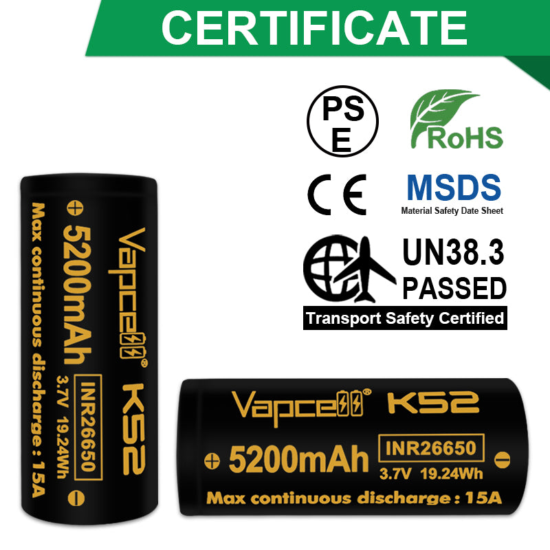 Vapcell K52 26650 5200mAh 15A Rechargeable Li-ion Battery