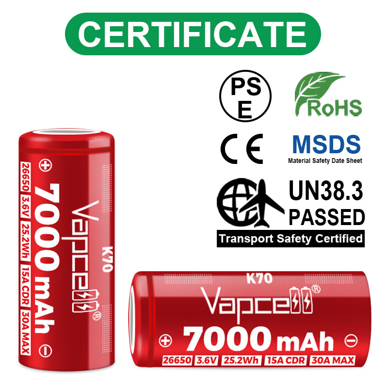 Vapcell 26650 7000mah 30A K70 Rechargeable INR Button Top Battery
