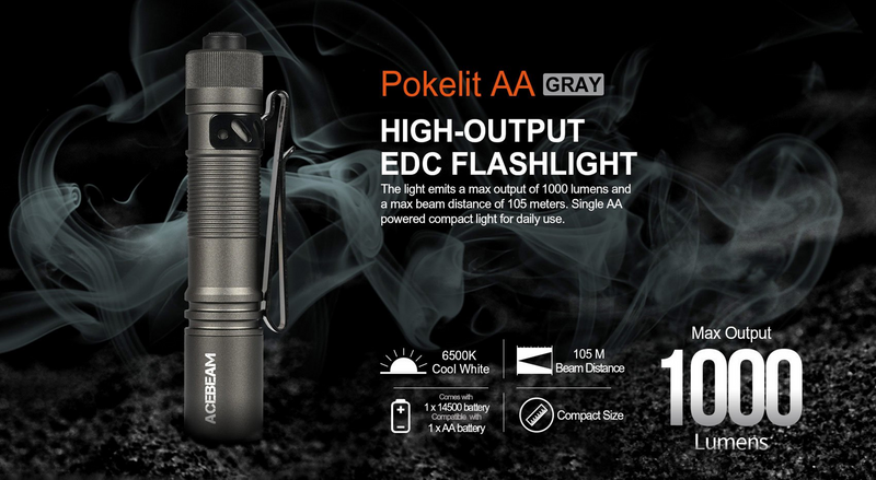 Acebeam Pokelit AA EDC Flashlight (Gray) 1000 Lumens