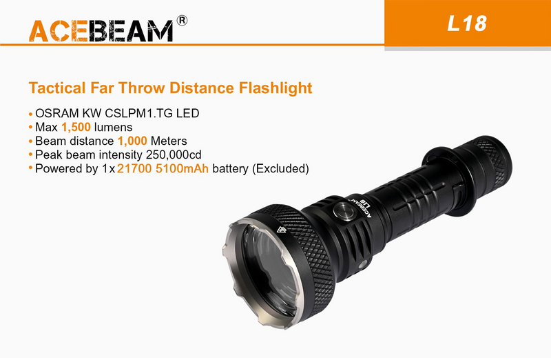 Acebeam L18 Tactical Flashlight 2100 Lumens (Green LED)