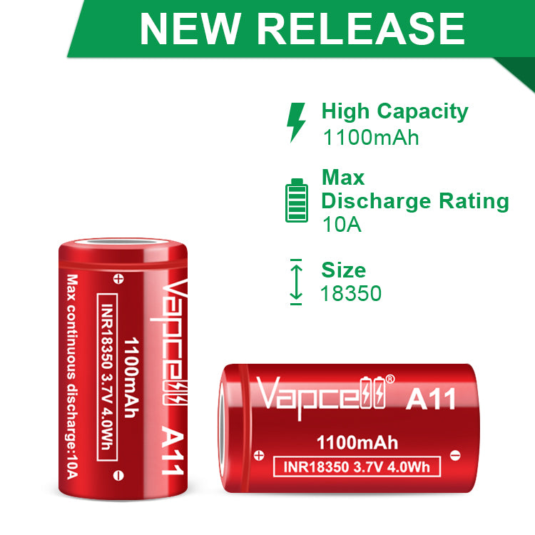 Vapcell A11 18350 1100mah 10A Flat Top Rechargeable Battery