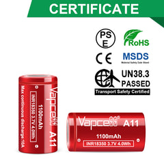 Vapcell A11 18350 1100mah 10A Flat Top Rechargeable Battery