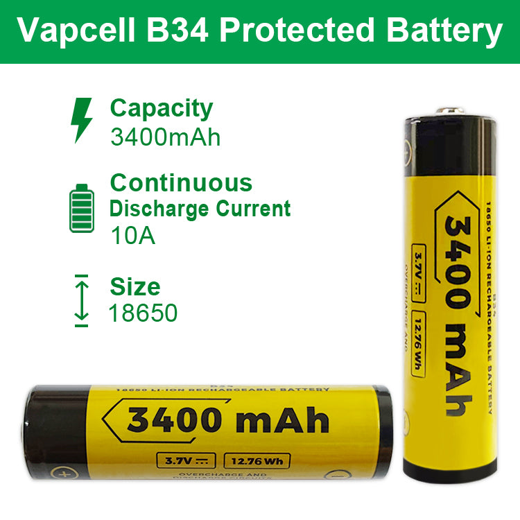 Vapcell B34 18650 3400mah 10A PCB Rechargeable Button Top Battery