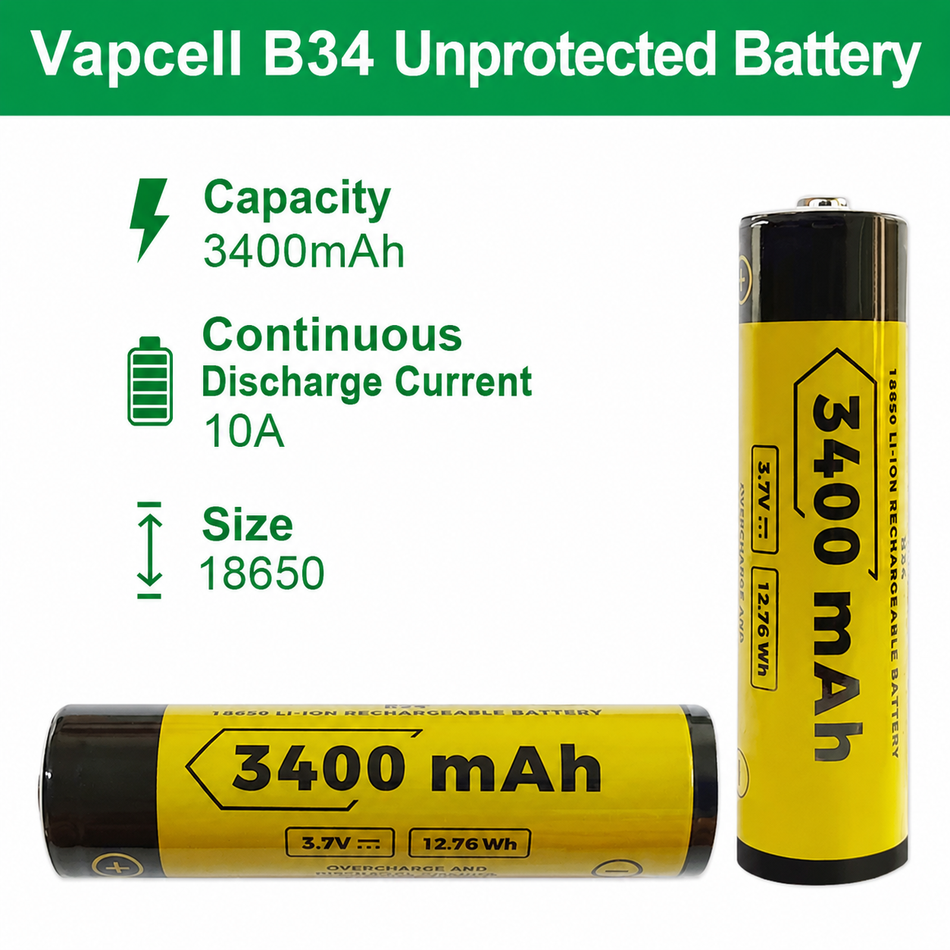 Vapcell B34 18650 3400mah 10A INR Rechargeable Button Top Battery