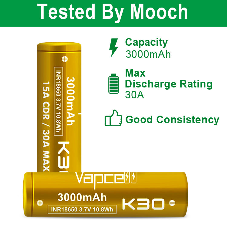 Vapcell 18650 K30 3000mAh 15A Rechargeable Flat Top Battery