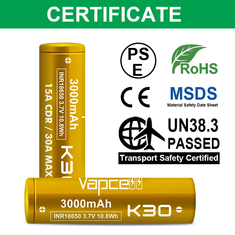 Vapcell 18650 K30 3000mah 15A Rechargeable Battery