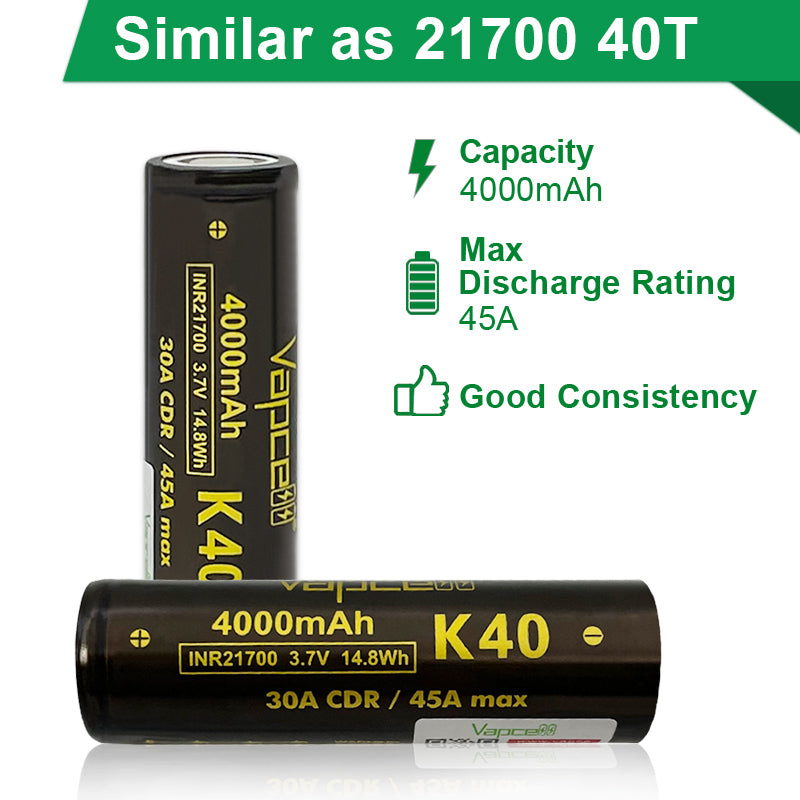 Vapcell K40 21700 4000mah 30A/45A Flat Top Rechargeable Battery