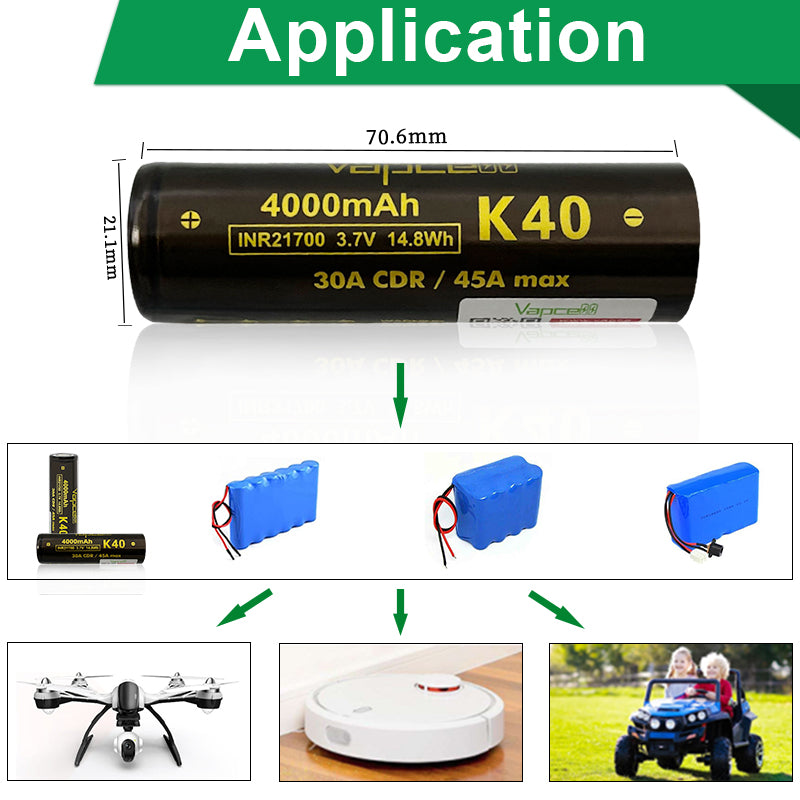 Vapcell K40 21700 4000mah 30A/45A Flat Top Rechargeable Battery