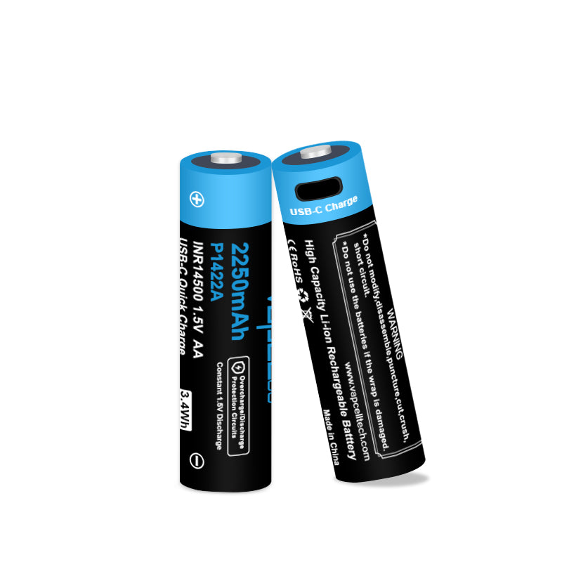 Vapcell P1422A 14500 2250mah 1.5V AA USB-C Rechargeable Button Top Battery