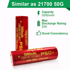 Vapcell P50 21700 5000mah 15A/25A Flat Top Rechargeable Battery