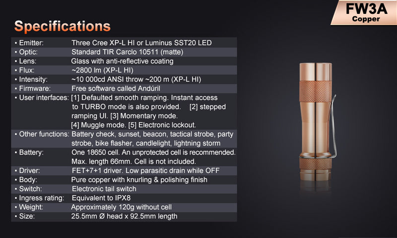 Lumintop FW3A Copper 2800 Lumens Nichia 219C