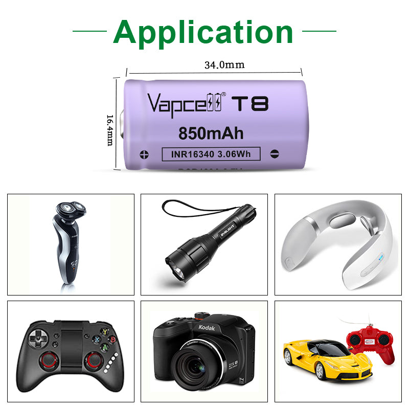 Vapcell 16340 T8 850mah 3A Rechargeable Button Top INR Battery