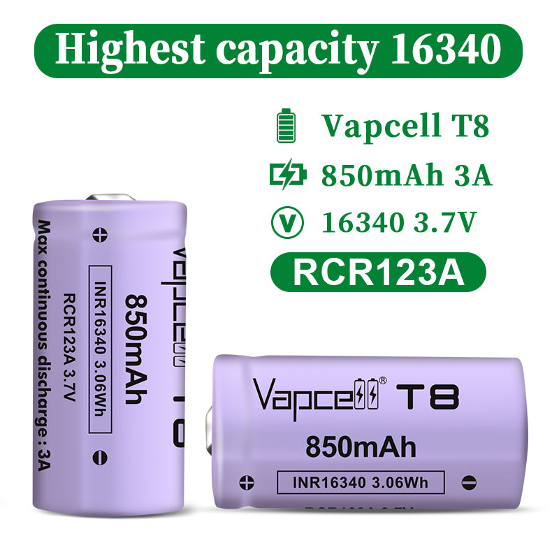 Vapcell 16340 T8 850mah 3A Rechargeable Button Top INR Battery