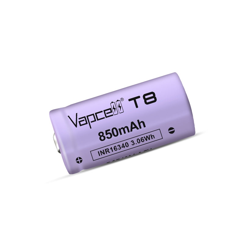 Vapcell 16340 T8 850mah 3A Rechargeable Button Top INR Battery