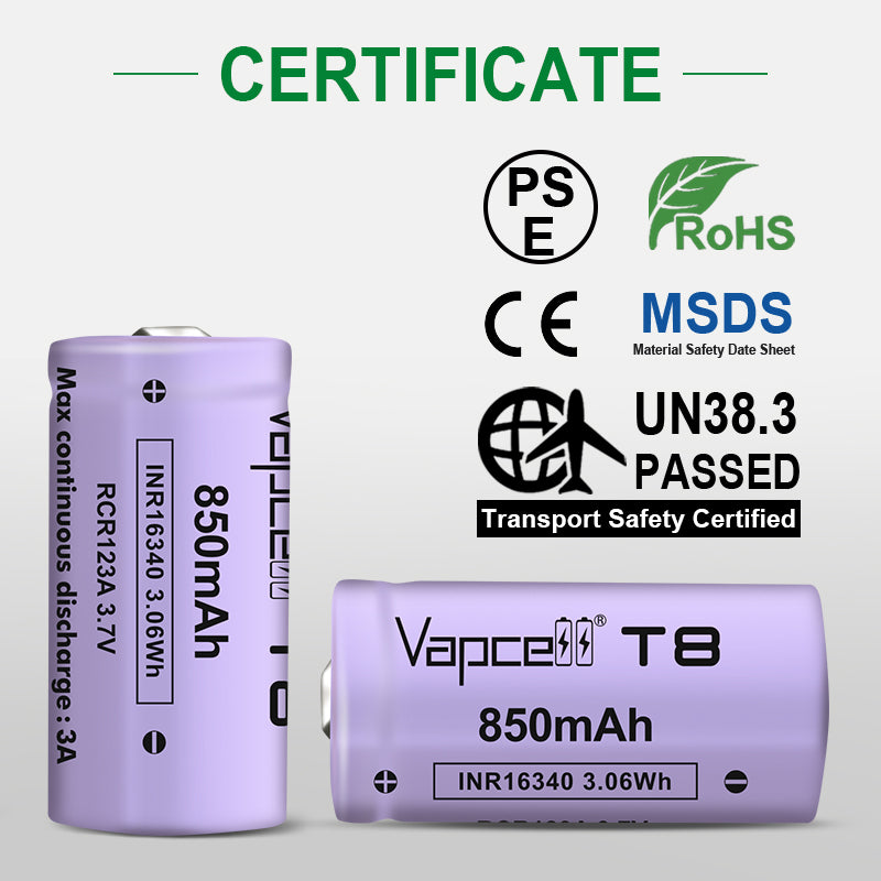 Vapcell 16340 T8 850mah 3A Rechargeable Button Top INR Battery