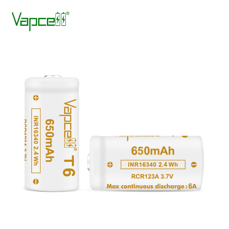 Vapcell 16340 T6 650mah 6A Rechargeable Button Top INR Battery