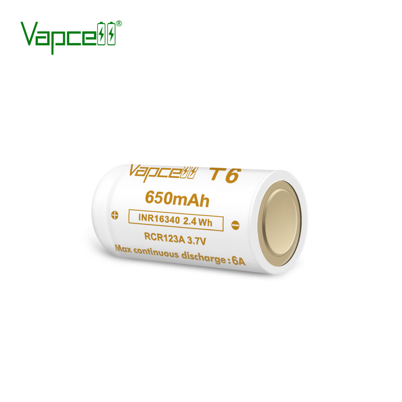 Vapcell 16340 T6 650mah 6A Rechargeable Button Top INR Battery