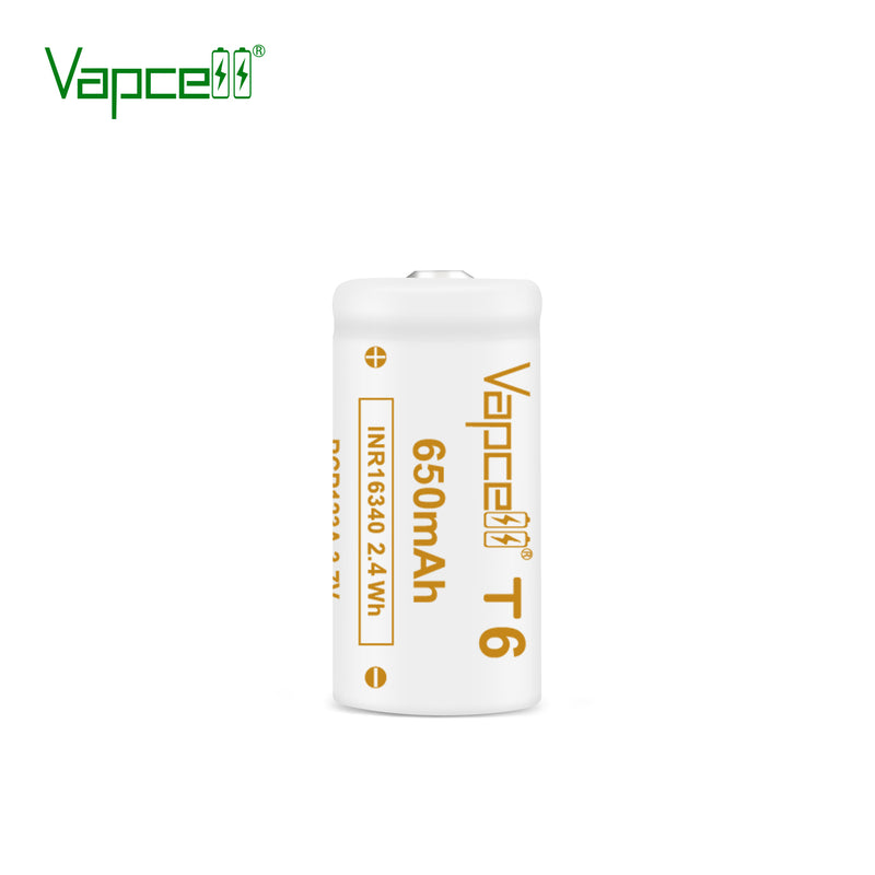 Vapcell 16340 T6 650mah 6A Rechargeable Button Top INR Battery