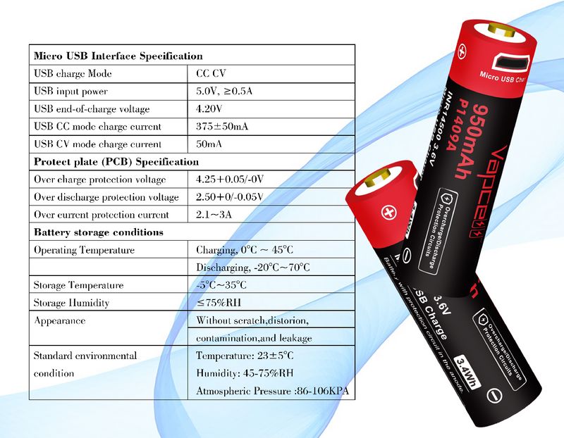 Vapcell P1409A 14500 950mah Button Top USB Rechargeable Battery