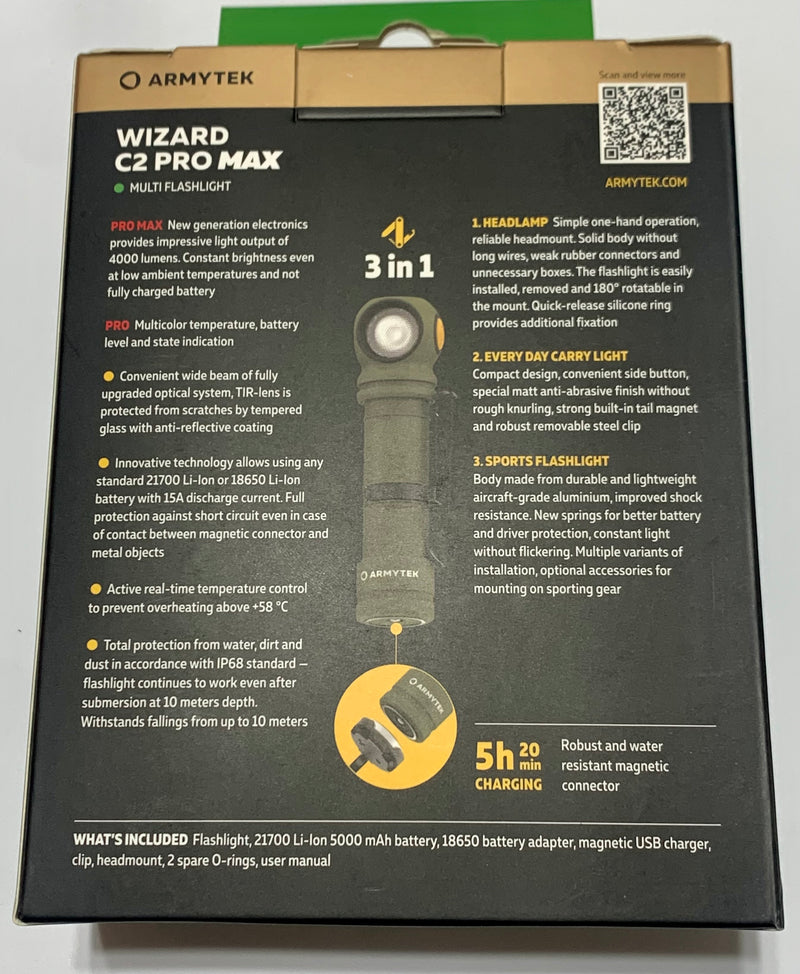 Armytek Wizard C2 Pro Max Magnet USB Cree XHP70.2 with Battery 4000 Lumens (ODG Olive)