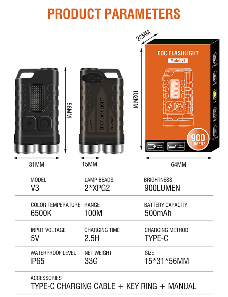 Boruit Model V3 EDC Multi-Functional Keychain Flashlight 900 Lumens