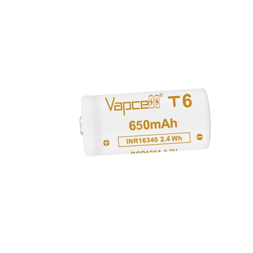 Vapcell 16340 T6 650mah 6A Rechargeable Button Top INR Battery