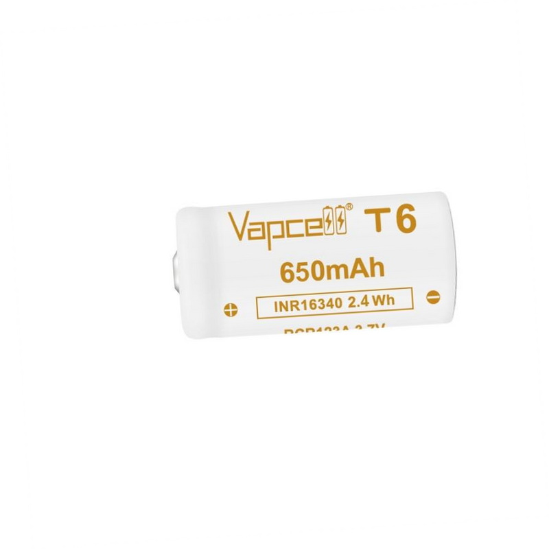 Vapcell 16340 T6 650mah 6A Rechargeable Button Top INR Battery