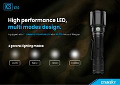 Cyansky K3 V2.0 Long Range Tactical Flashlight 2000 Lumens (Black)