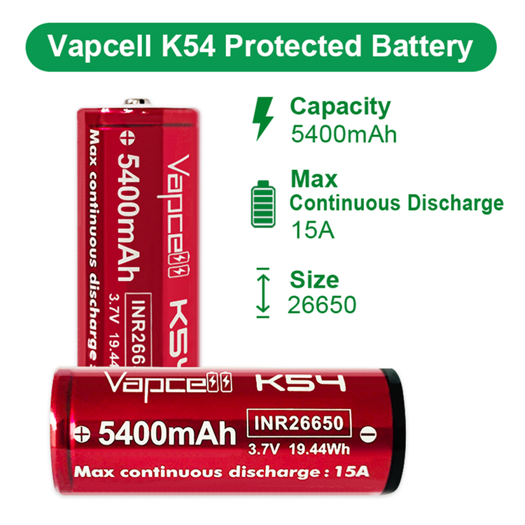 Vapcell K54 26650 15A 5400mAh Button Top Rechargeable Battery with Protected PCB