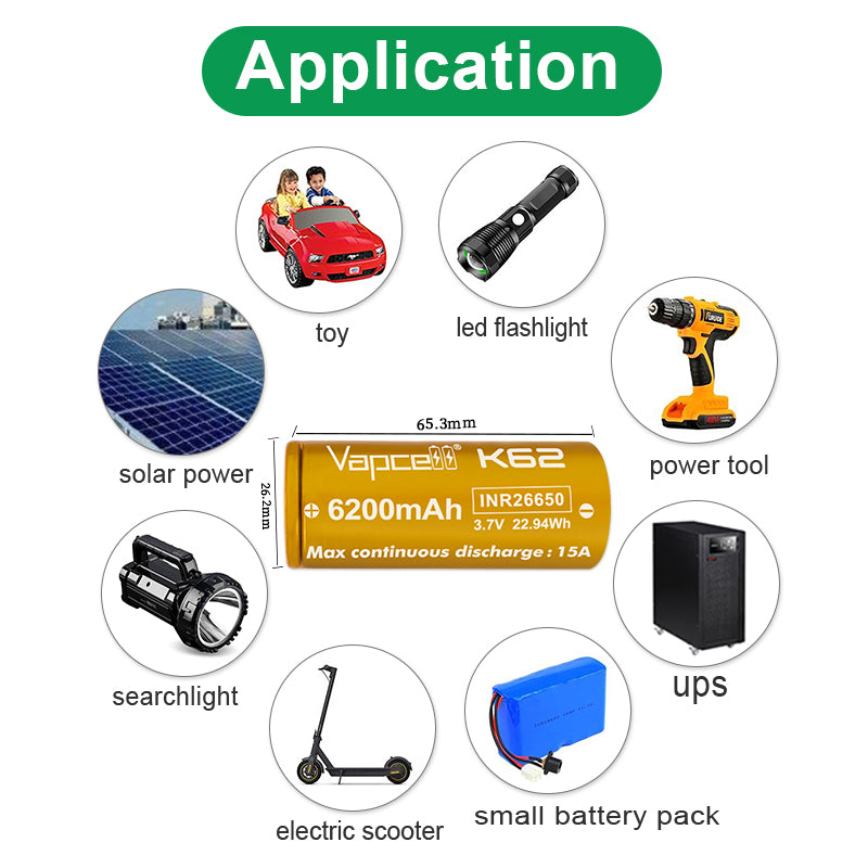 Vapcell 26650 6200mAh 15A K62 Rechargeable Flat Top Battery