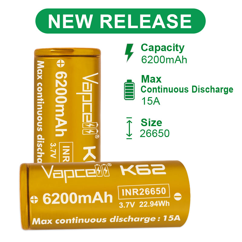 Vapcell 26650 6200mAh 15A K62 Rechargeable Flat Top Battery BrightLumenshop.com Vapcell 26650 6200mAh 15A K62 Rechargeable Flat Top Battery BrightLumenshop.com