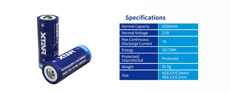 XTAR 26650 5200mAh Rechargeable Li-ion Battery Button Top